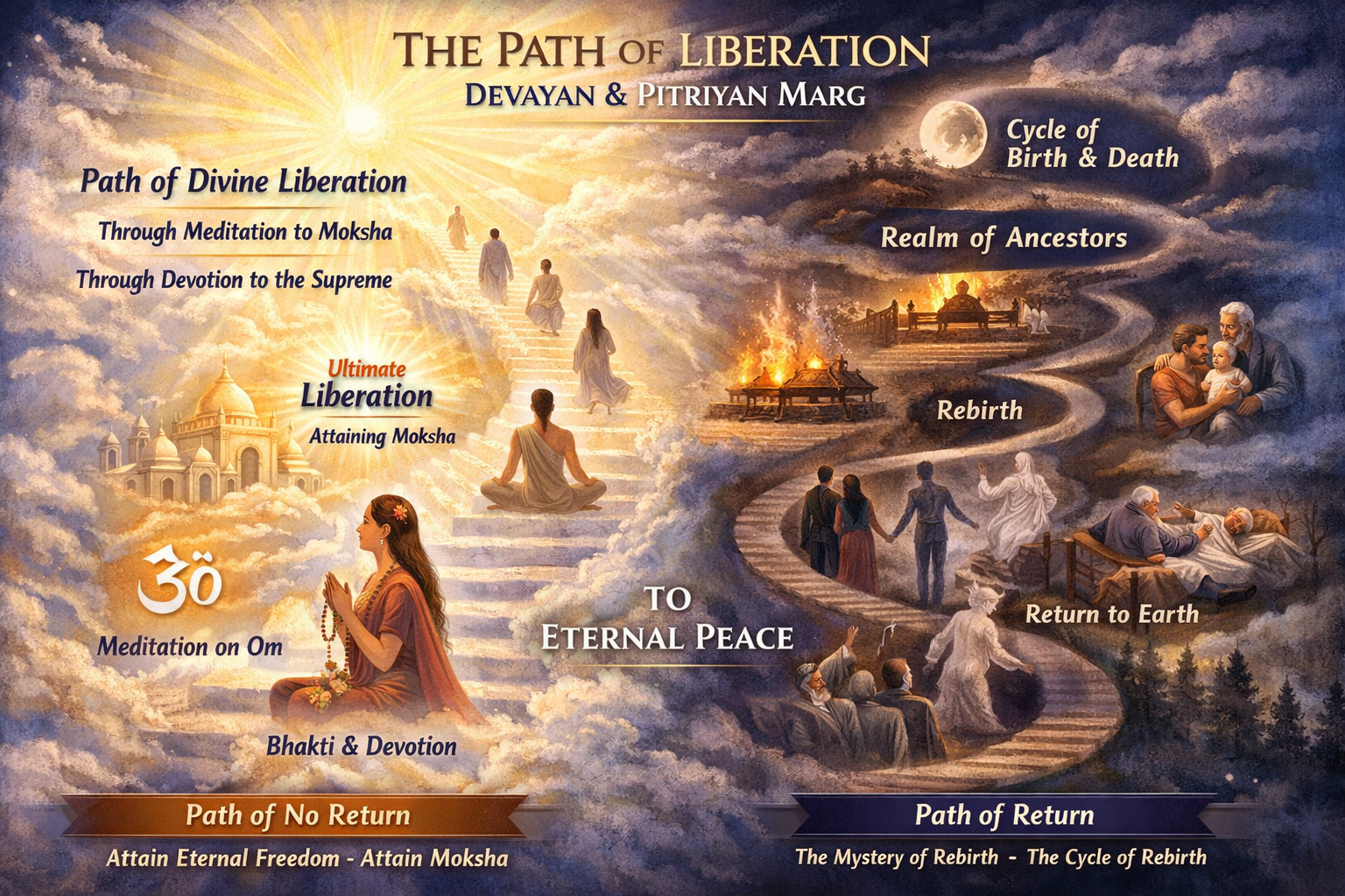 A detailed illustration showing the cycles of birth, death, rebirth, and spiritual liberation in Hinduism, with labeled paths to eternal peace and return to earth.