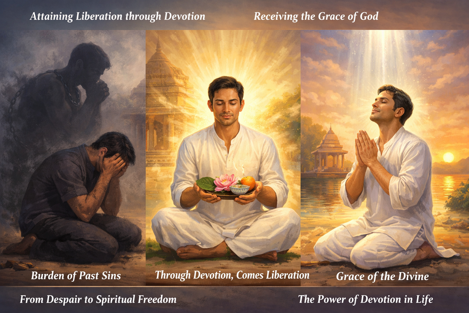 A man transitions from despair to spiritual freedom, depicted in three stages: sorrow, meditation with offerings, and kneeling in prayer, with temples and glowing light in the background.