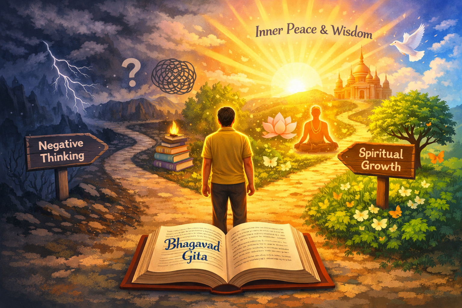 A person stands at a forked path between "Negative Thinking" and "Spiritual Growth," guided by the Bhagavad Gita, with symbols of peace, wisdom, and stormy chaos on each side.