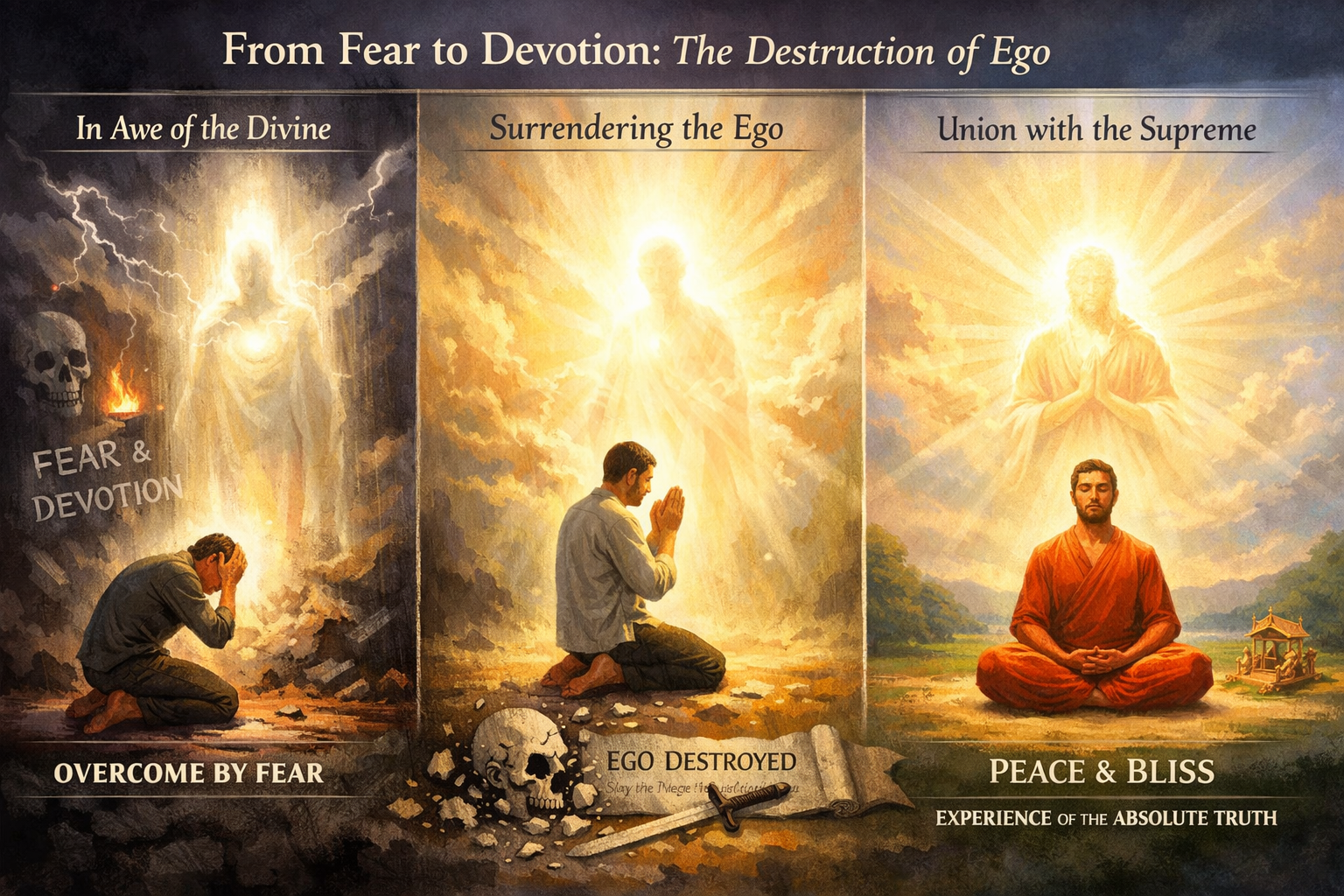 A three-panel illustration showing a person moving from fear and devotion, to surrendering ego, to experiencing peace and bliss in union with a radiant divine figure.