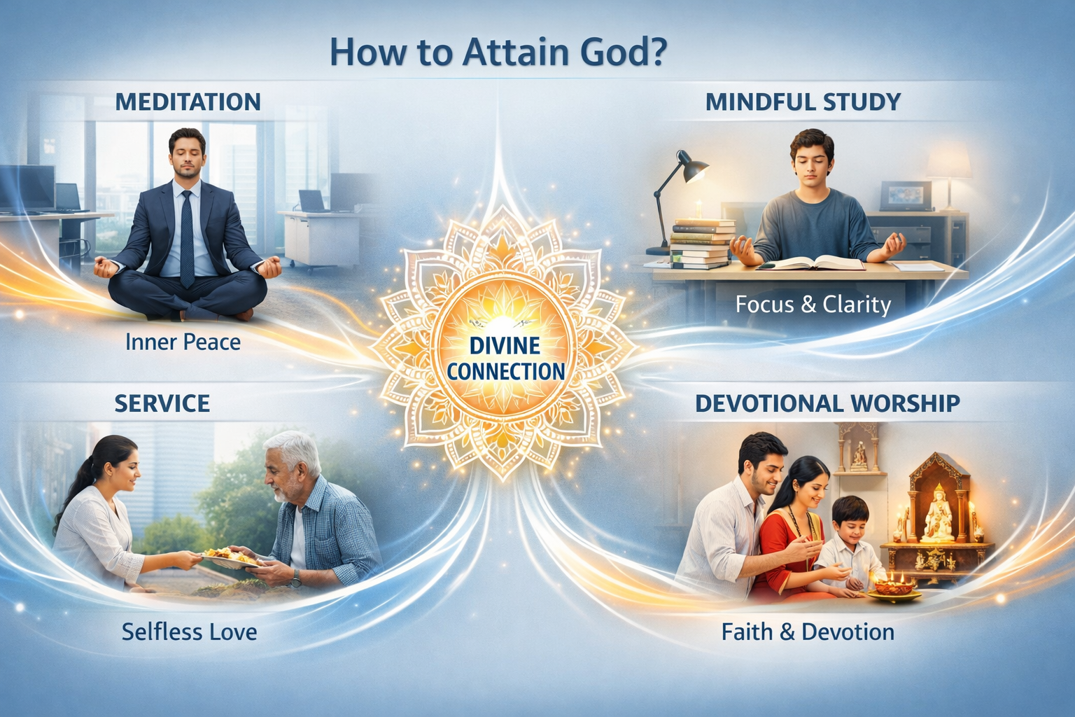 A visual guide showing four ways to attain God: meditation for inner peace, mindful study for focus, service for selfless love, and devotional worship for faith and devotion.
