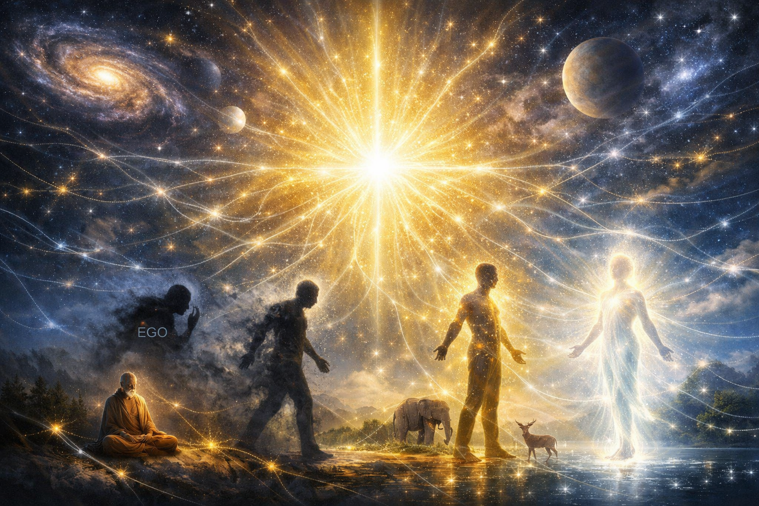 A sequence of human figures evolves from darkness to radiance beneath a cosmic sky, with animals and a meditating person present, amid glowing interconnected lines and celestial bodies.