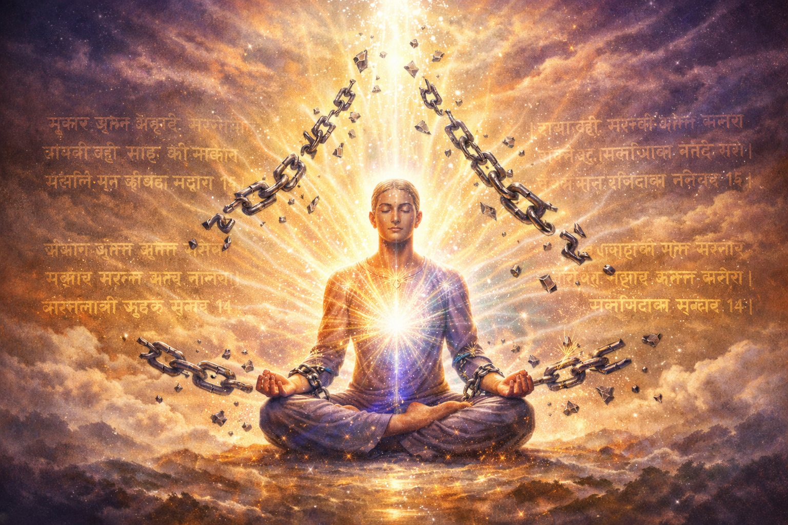 A person meditating in lotus position with glowing light at their chest, surrounded by broken chains and Sanskrit text, set against a radiant, cloudy sky background.