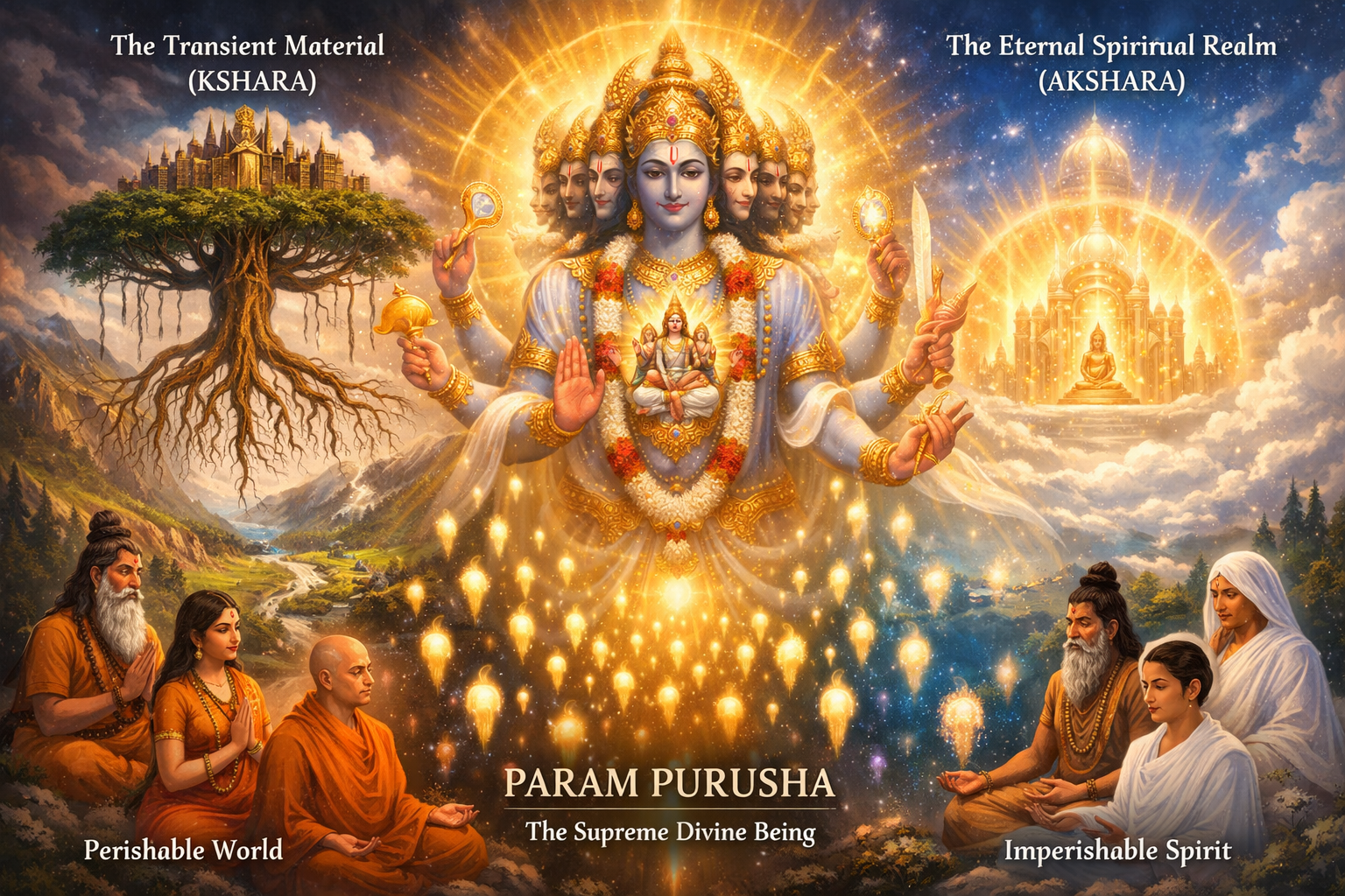 A divine multi-headed figure is centered between two realms, with meditators below; left shows the perishable world, right depicts the imperishable spirit. Text labels explain each section.