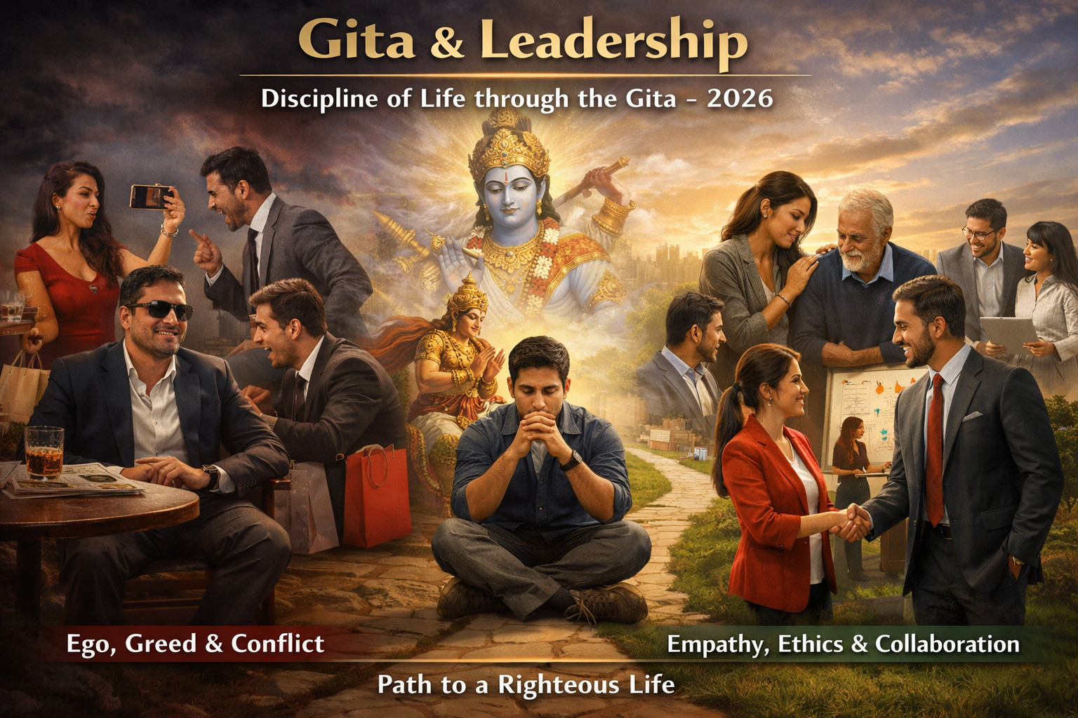 A central figure meditates surrounded by scenes of businesspeople in conflict on the left and positive collaboration on the right, illustrating paths from greed to ethical leadership.