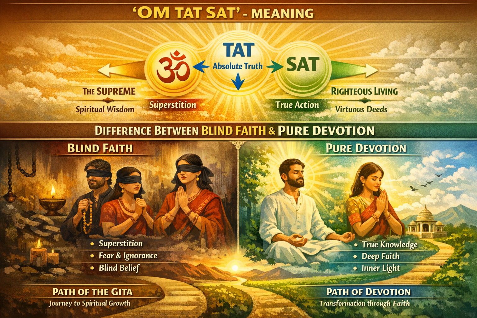 Illustration contrasts blind faith and pure devotion, depicting two paths: blindfolded figures with fire for blind faith, and serene figures with light for pure devotion, explained by text.