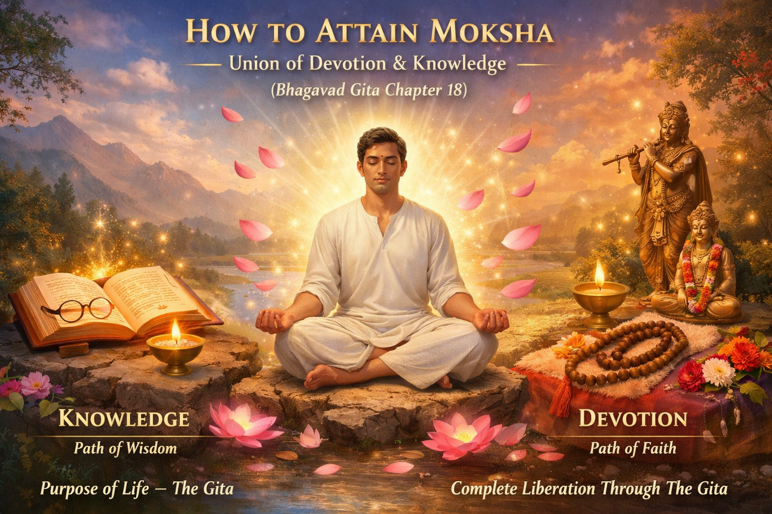 A man meditates in lotus position surrounded by pink lotus petals, with Hindu deities, scriptures, and prayer beads, symbolizing attaining moksha through knowledge and devotion.