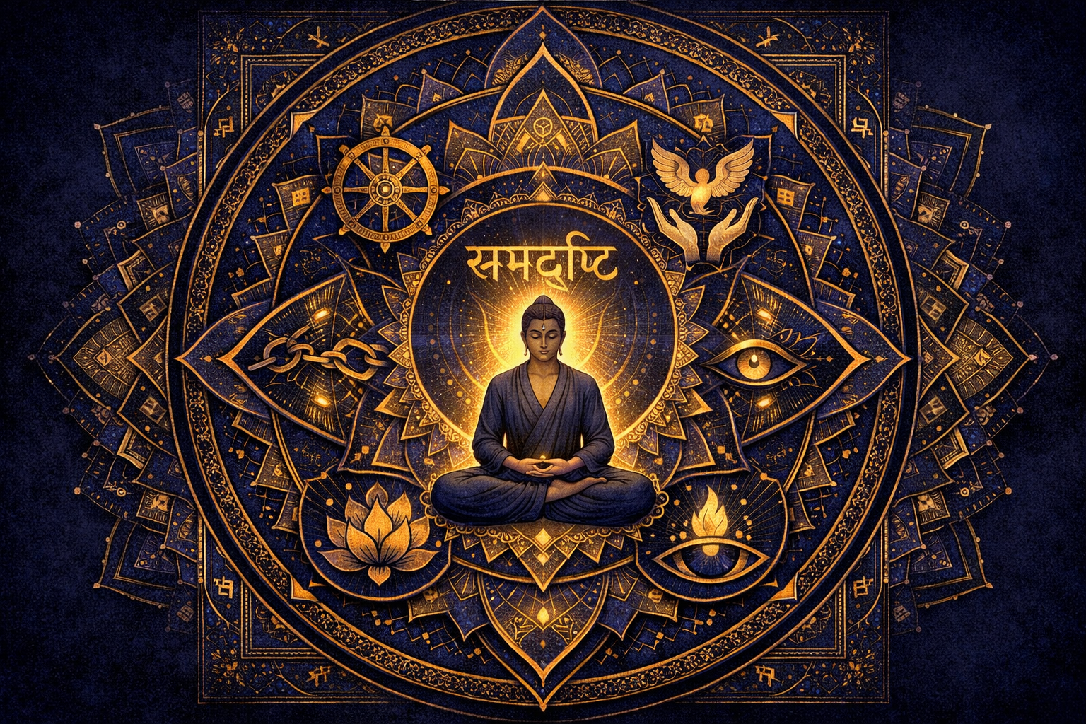 A person meditating is centered in a gold and blue mandala with Buddhist symbols, including a lotus, eye, fire, and Sanskrit text, creating a spiritual and geometric design.