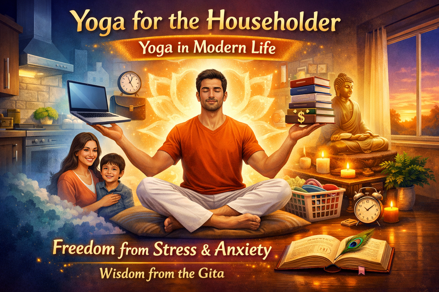 A man meditates in a kitchen holding a laptop and books, with a family, candles, Buddha statue, and clocks around, promoting yoga for stress relief and wisdom from the Gita.