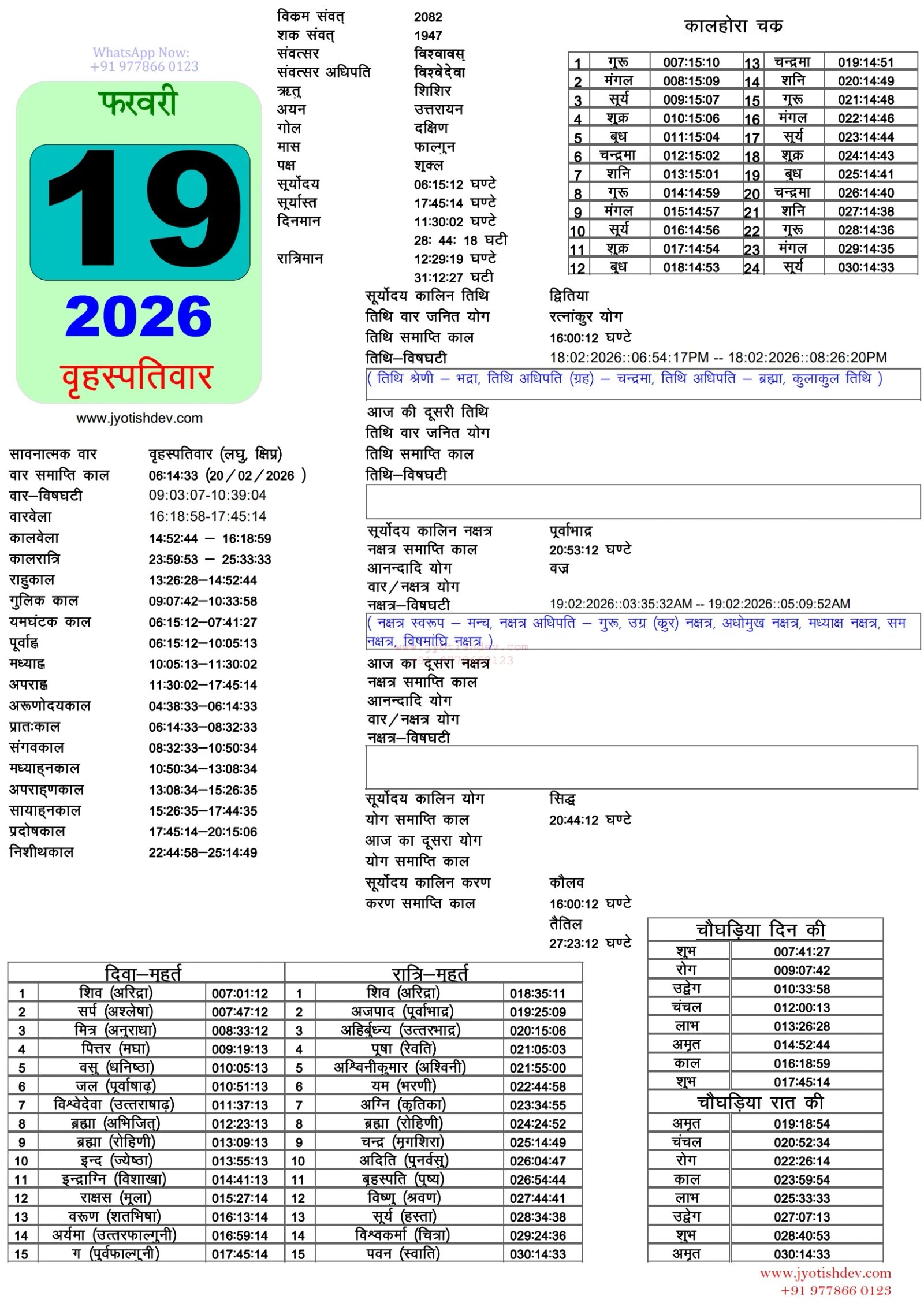 Astrological calendar for February 19, 2026, with lunar details, important times, and contact information in Hindi.