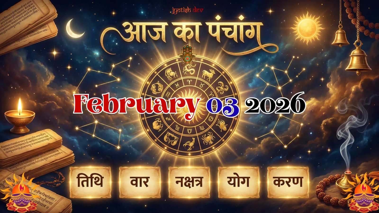 A decorative Hindu panchang calendar displays zodiac signs, traditional items, and मंगलवार, 03 फरवरी 2026, with Hindi text for आज का पंचांग including Tithi, Vaar, Nakshatra, Yoga, and Karana.