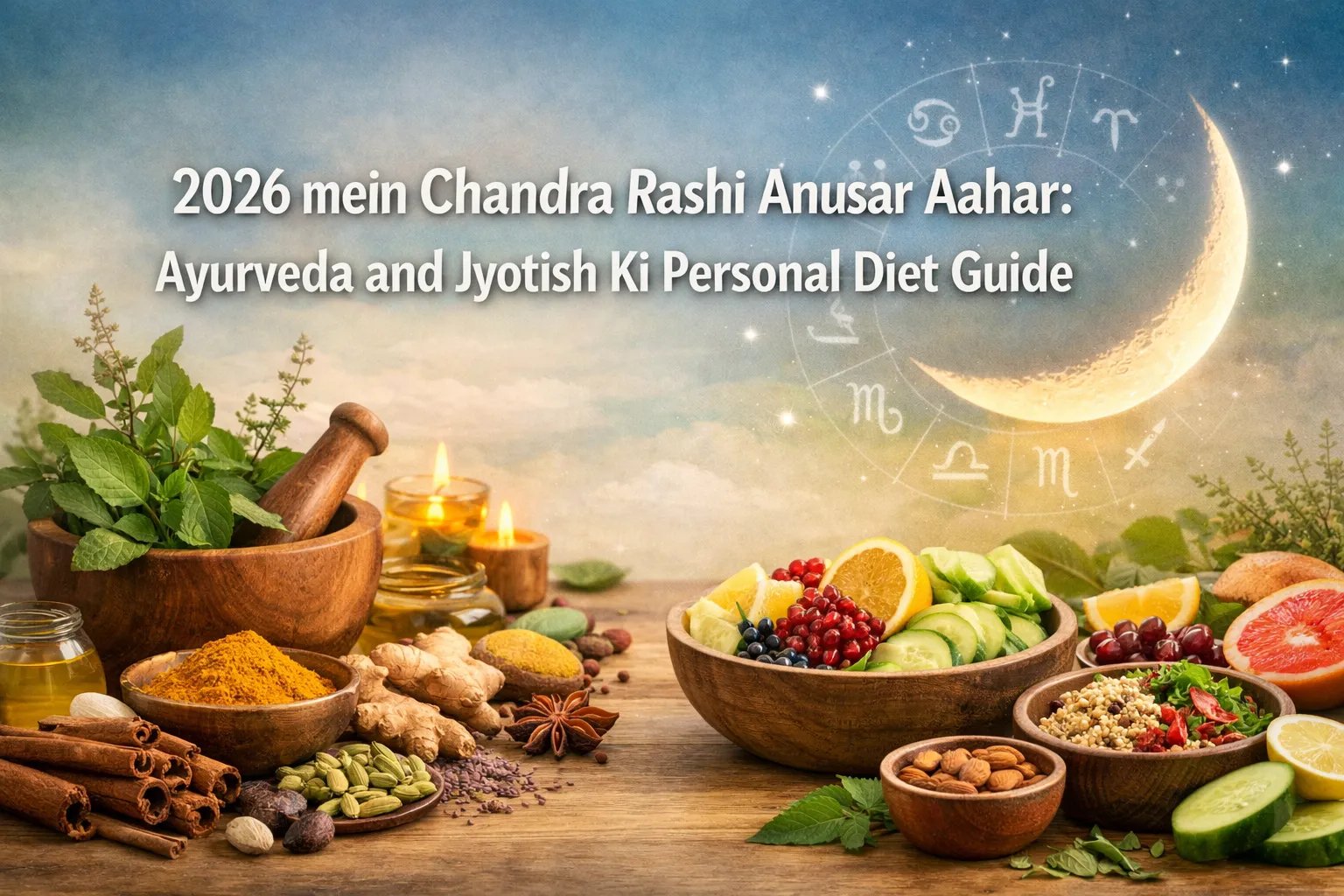 Herbs, fruits, nuts, and spices on a wooden table with a mortar, candles, and zodiac symbols in the background.