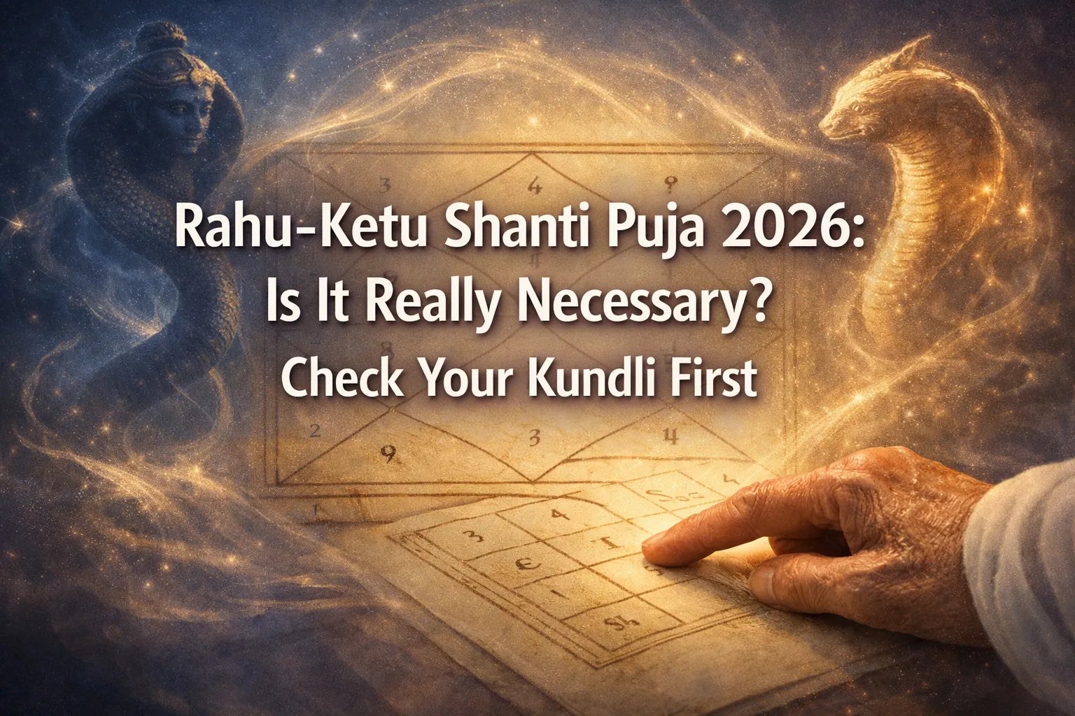 Intricate zodiac chart with hand, serpents, and text about Rahu-Ketu Shanti Puja 2026 urging Kundli check.