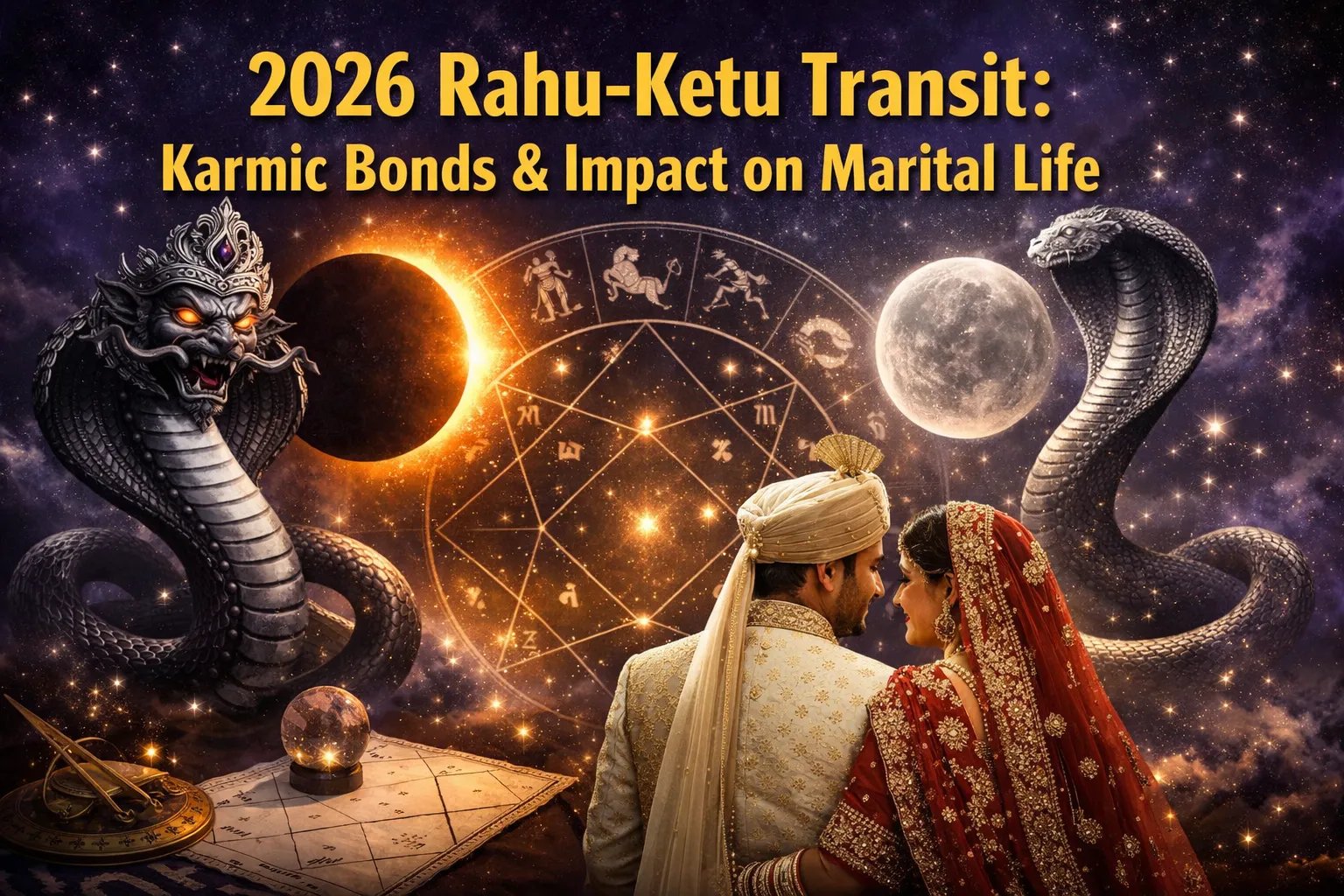 Couple in traditional attire under celestial theme, featuring snakes, eclipse, and zodiac signs, with text on Rahu-Ketu transit.