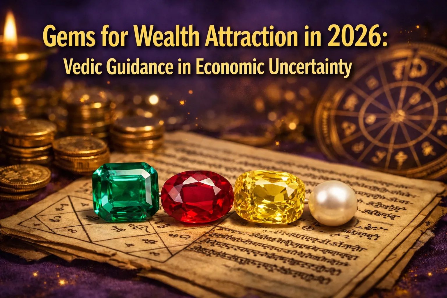 Colorful gems and a pearl on Vedic astrology charts with coins, under the text "Gems for Wealth Attraction in 2026.