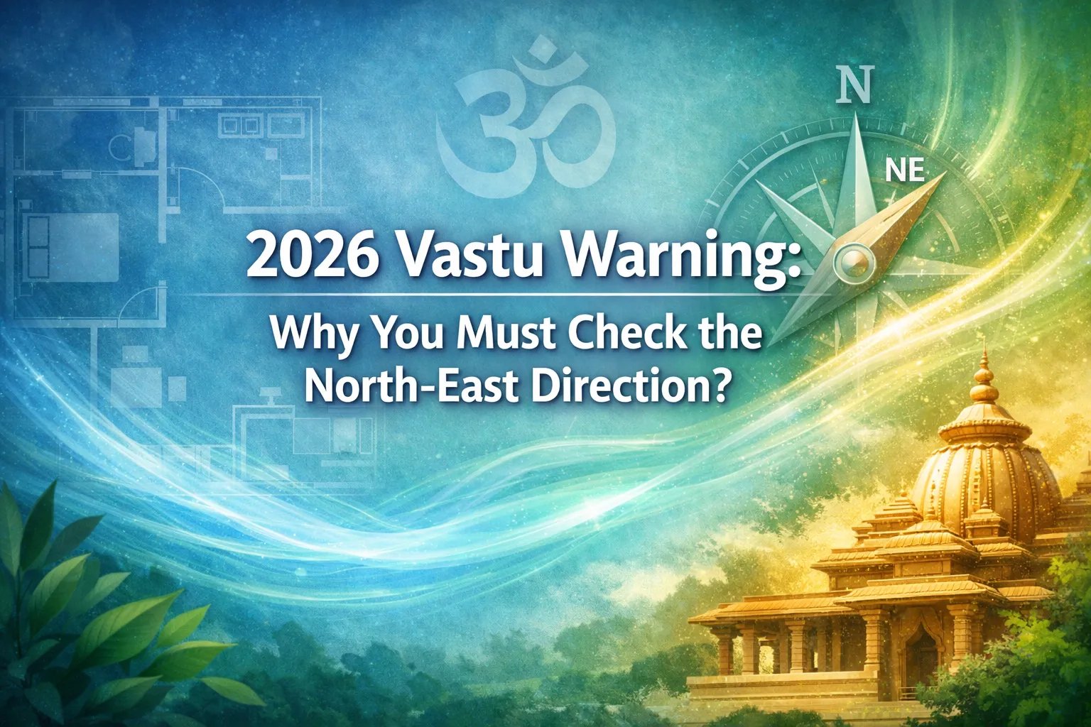 2026 Vastu warning image with compass, temple, and blueprint, emphasizing importance of checking the north-east direction.