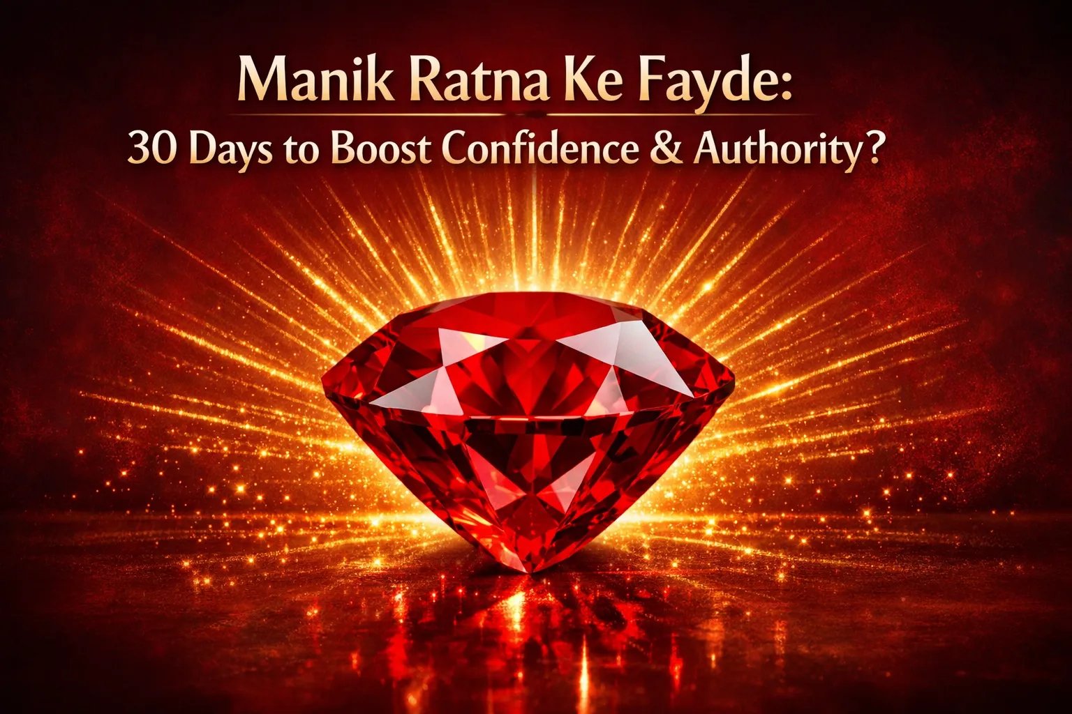 Red ruby with glowing rays and text: "Manik Ratna Ke Fayde: 30 Days to Boost Confidence & Authority?