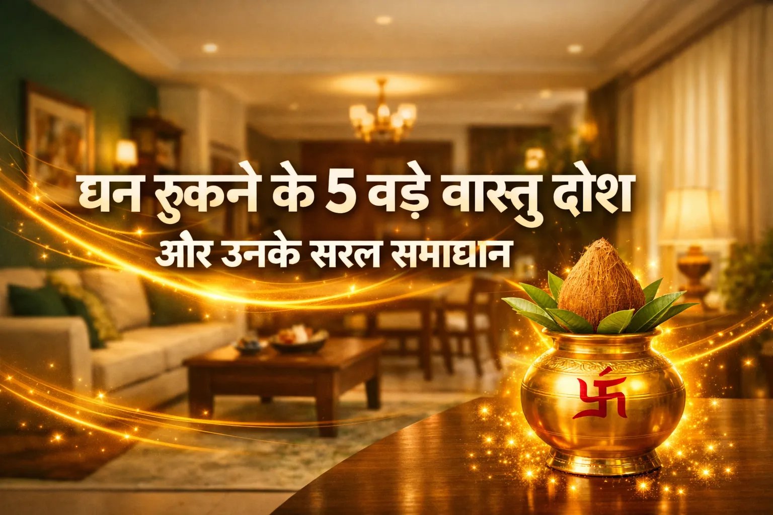 Golden pot with coconut and leaves in a living room. Text in Hindi about five major Vastu defects and their solutions.