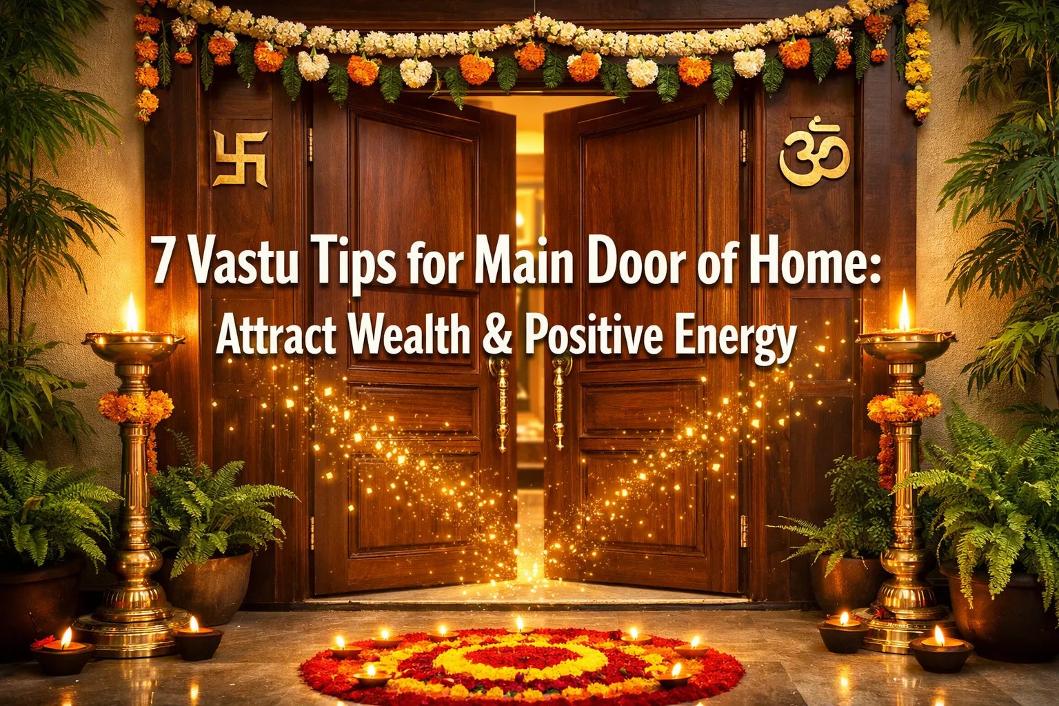 Decorated entrance with marigold garlands and lamps. Text: "7 Vastu Tips for Main Door of Home: Attract Wealth & Positive Energy".