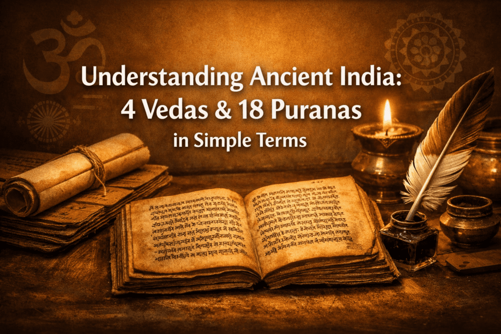 An open ancient Sanskrit manuscript, scroll, candle, and feather quill on a table, with text reading "Understanding प्राचीन भारत: 4 वेद & 18 पुराण in Simple Terms.
