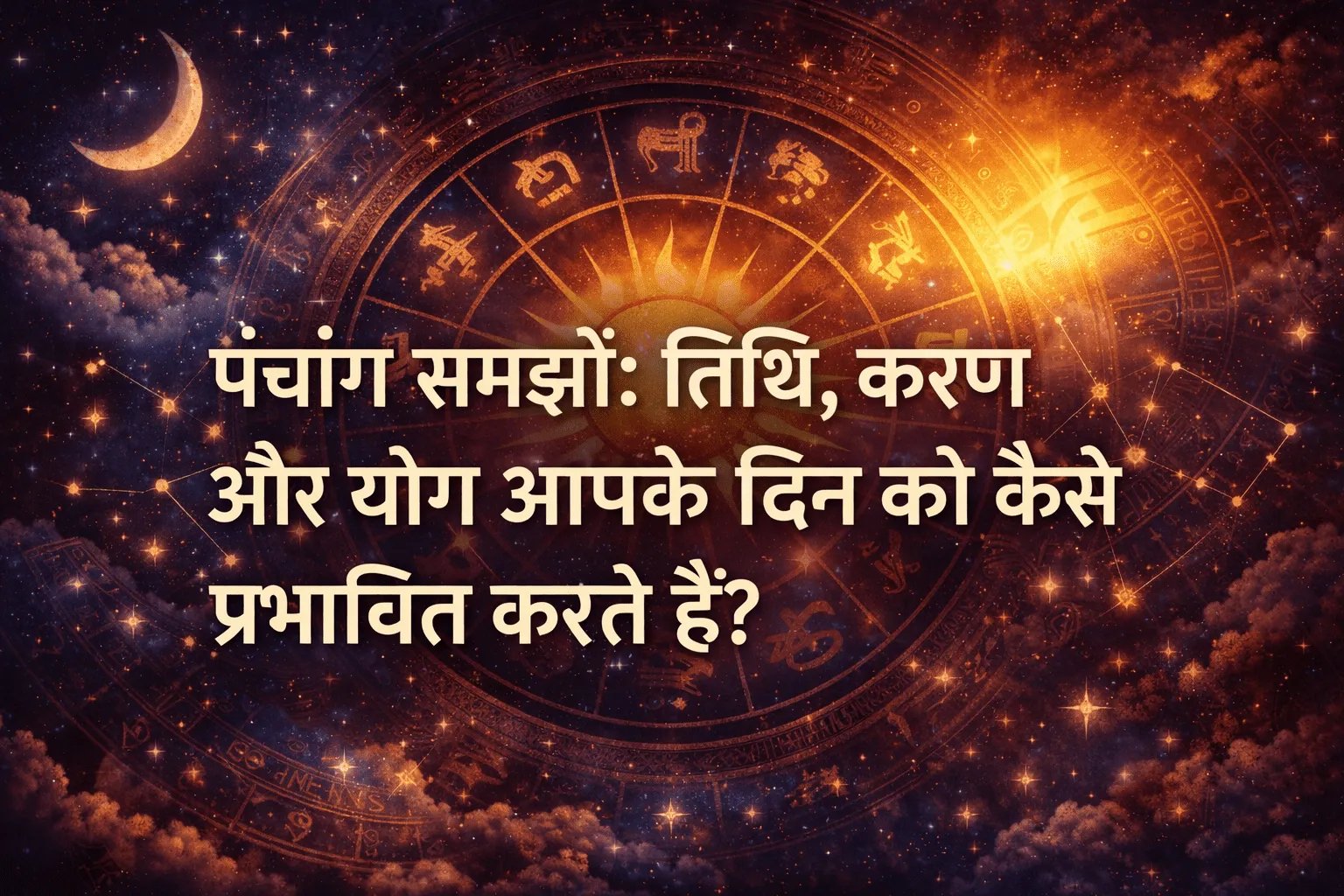 Astral background with zodiac wheel and Hindi text on understanding how Tithi, Karana, and Yoga influence daily life.