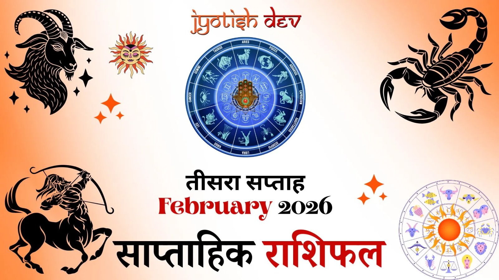 Astrological symbols with zodiac wheel, February 2026 third week, weekly rashiphal in Hindi text.
