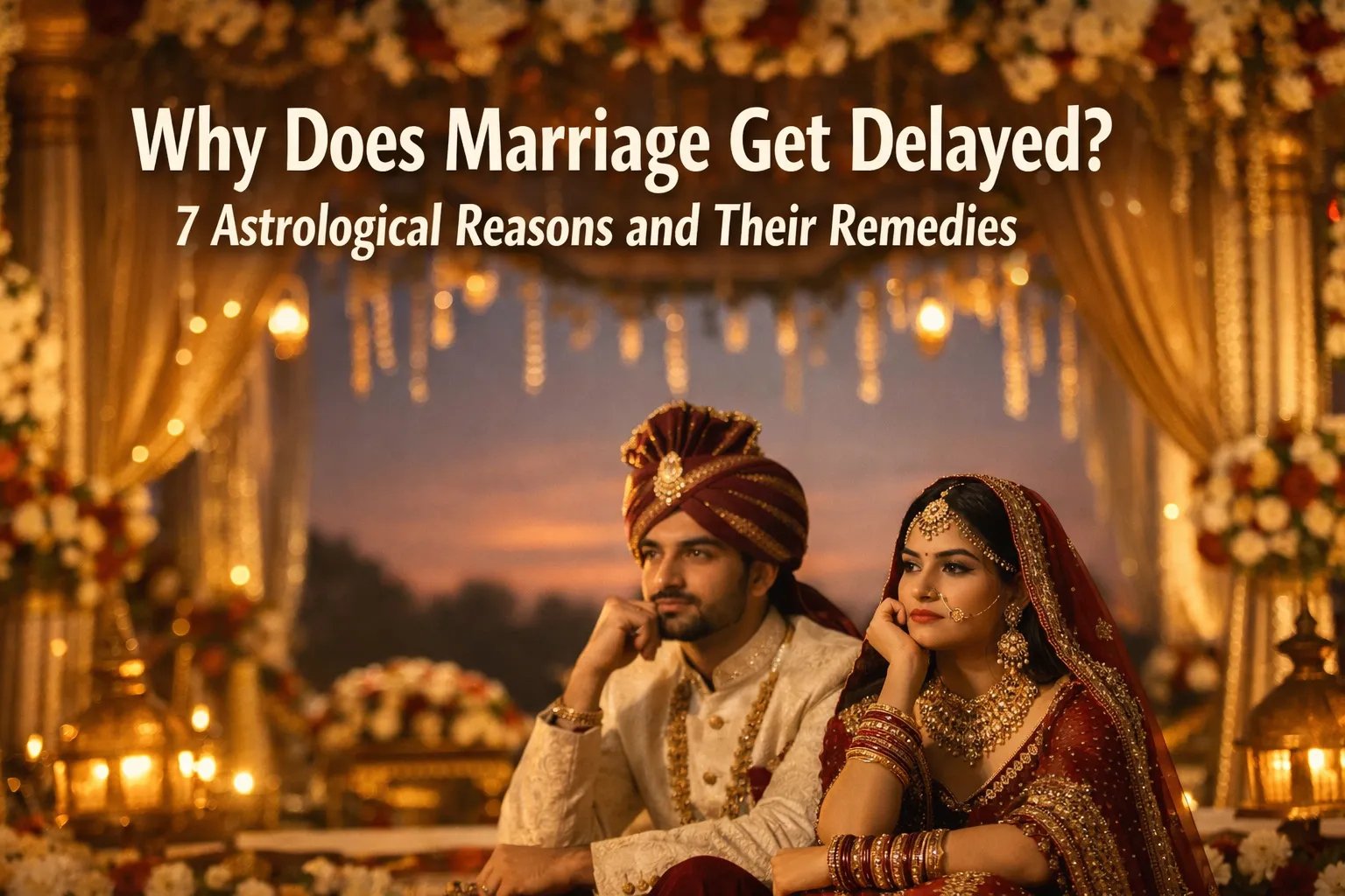 A bride and groom in traditional Indian wedding attire sit together at a decorated venue with the text "शादी में देरी: 7 ज्योतिषीय कारण और उनके समाधान.
