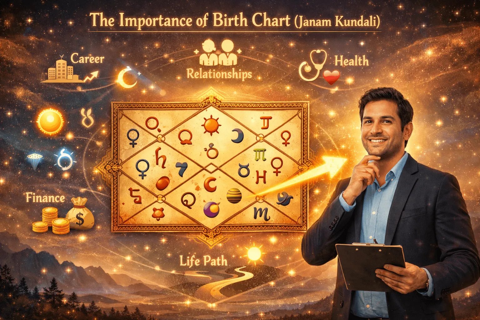 A man holding a tablet stands beside a जन्म कुंडली (birth chart) diagram, with icons for career, relationships, health, finance, and life path set against a starry background—highlighting क्यों जाननी चाहिए ज्योतिष और कुंडली का महत्व.