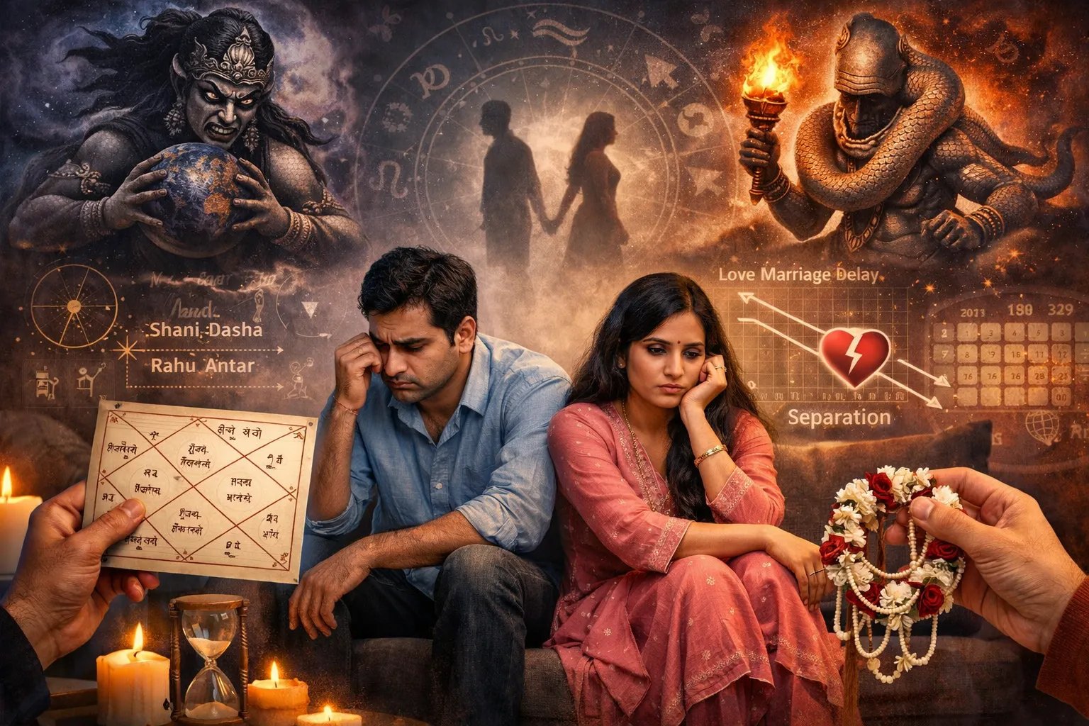 A worried couple sits with astrological charts and symbols of separation and delays, surrounded by mystical imagery.