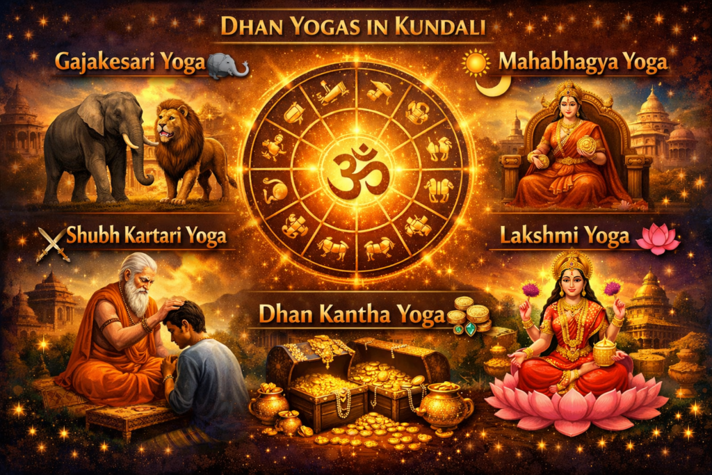 Astrological chart surrounded by four labeled illustrations: Gajakesari Yoga with elephant and lion, Mahabhagya Yoga with sun and woman, Shubh Kartari Yoga with sages, and Lakshmi Yoga with goddess and gold, highlighting कुंडली धन योग and ज्योतिष धन योग.