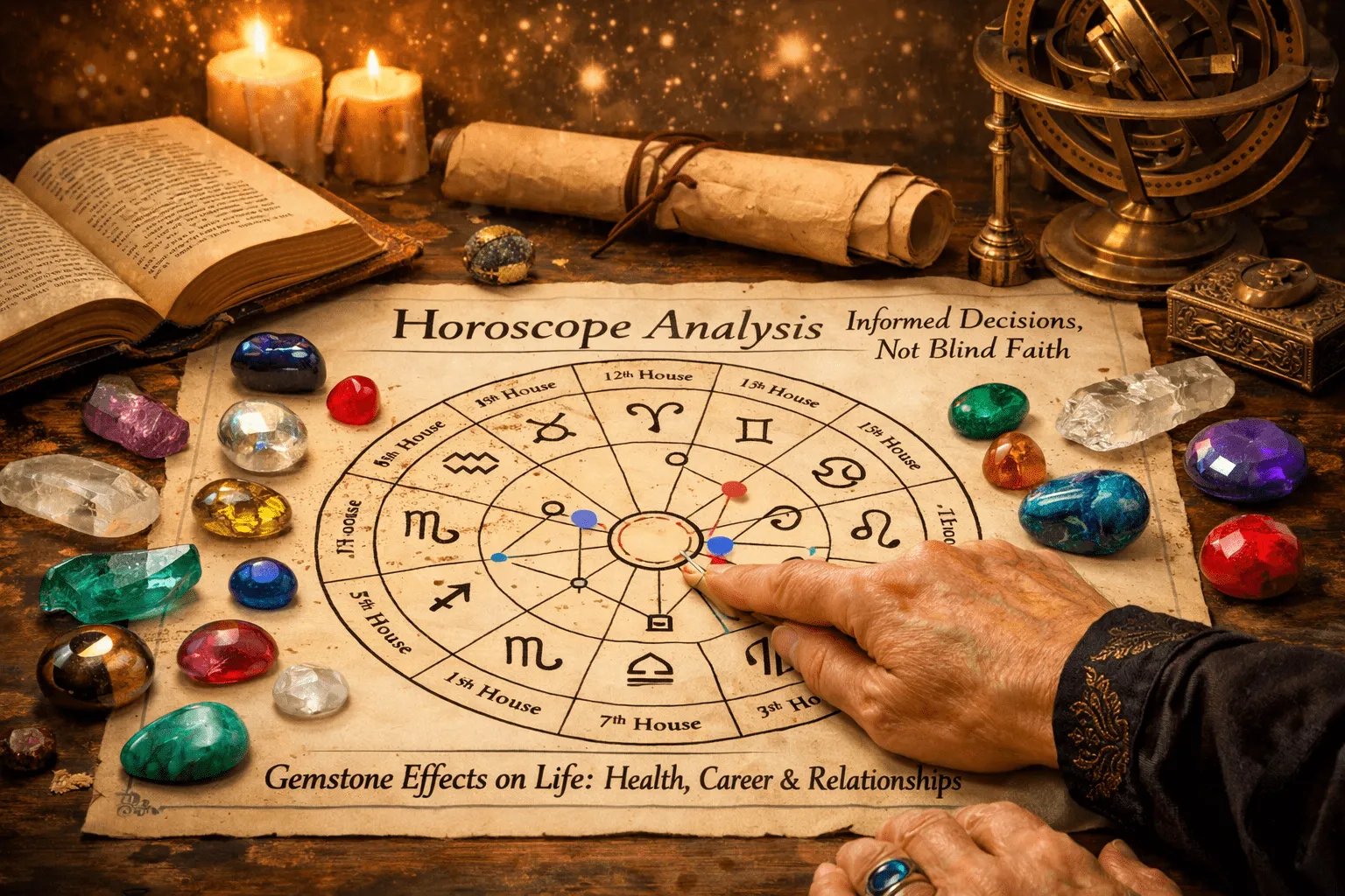 Write text in English only on all images. Don't write in Hindi. A compelling landscape format (1536x1024) image featuring an astrologer's de