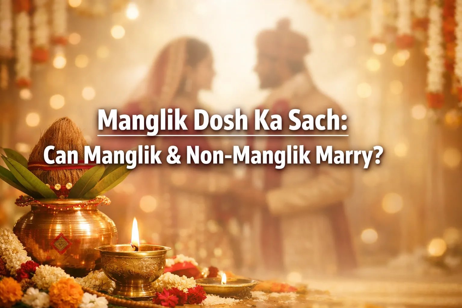 Blurred bride and groom in traditional attire with text about Manglik marriage compatibility, lit lamps in foreground.