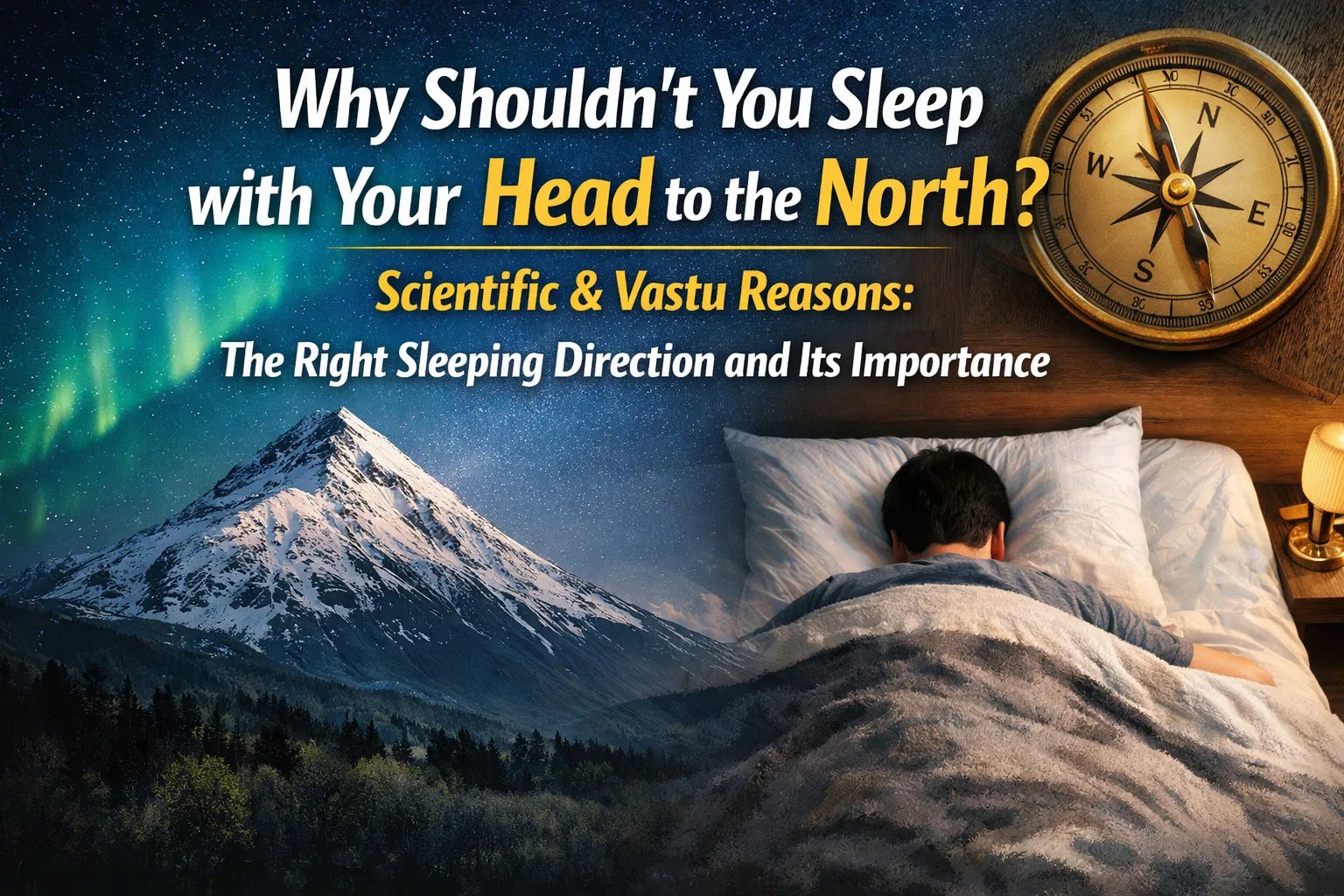 Sleeping person with head to the north, snowy mountain under aurora, compass showing directions, text on sleeping positions.