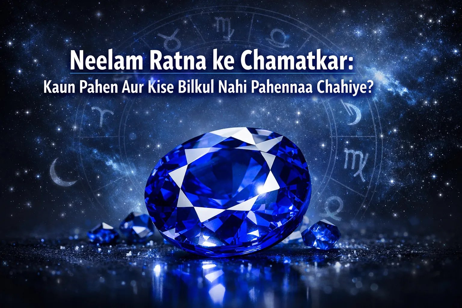Blue sapphire against a cosmic backdrop with zodiac signs and Hindi text about its effects and who should wear it.