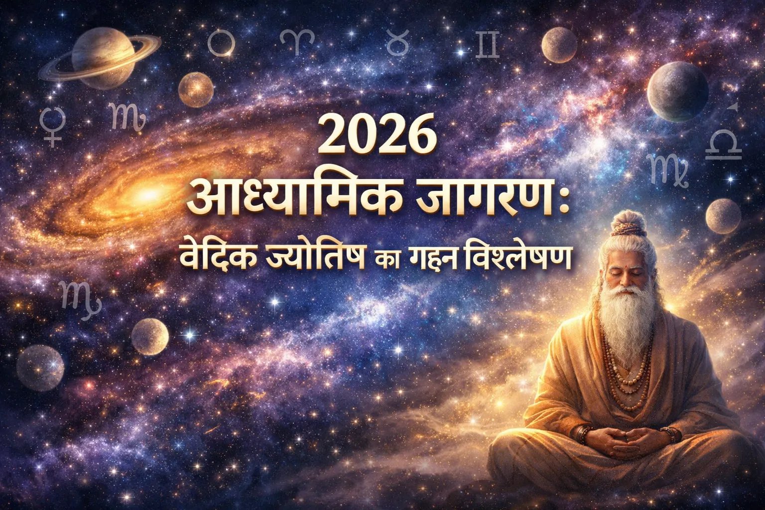 A serene elderly man meditates in cosmic surroundings with zodiac symbols and a galaxy; Hindi text explores "2026 आध्यात्मिक जागरण: Deep Analysis of वैदिक ज्योतिष and Vedic Astrology.
