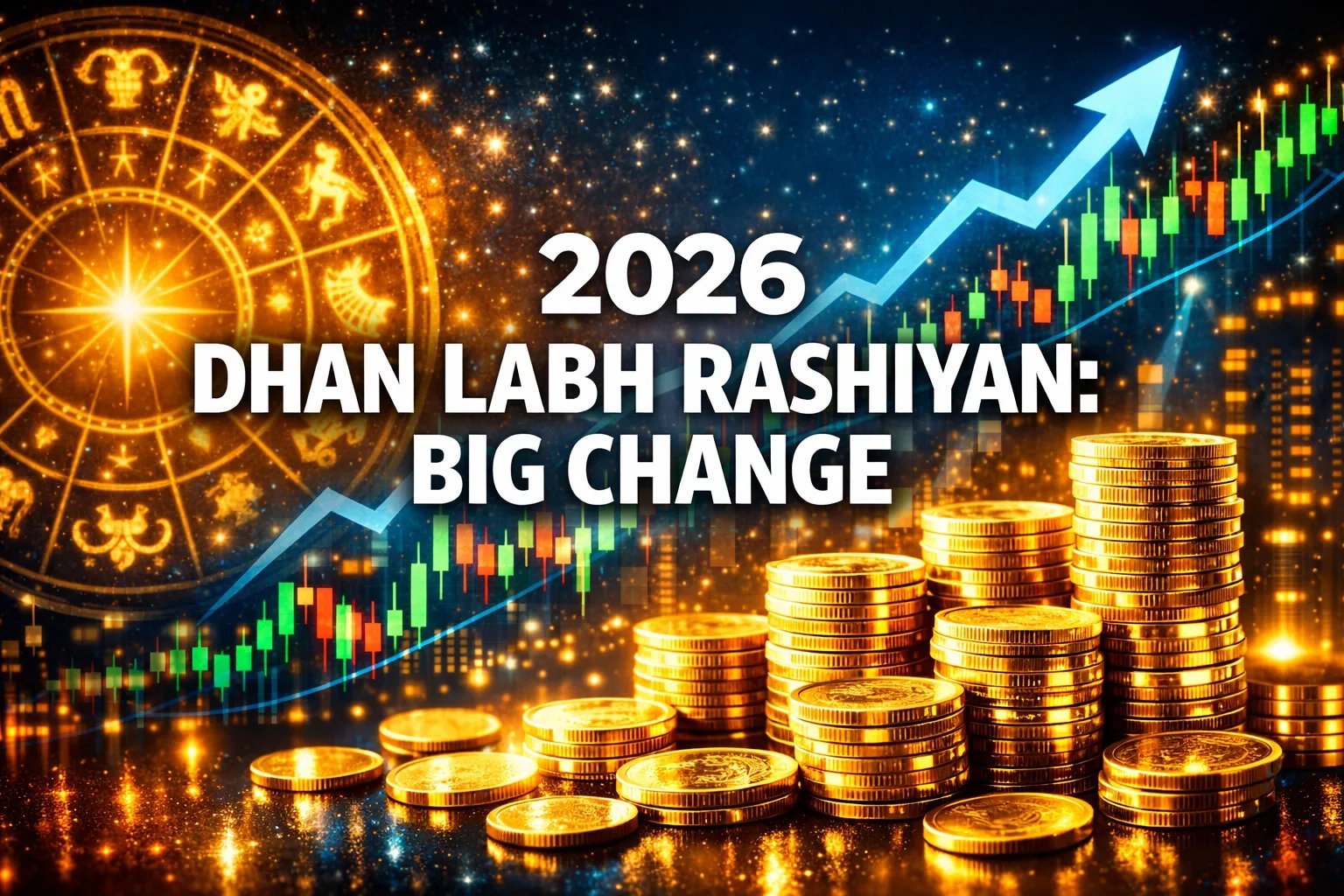 2026 धन लाभ राशियाँ: बड़े परिवर्तन। सिक्के, ग्राफ, और राशि चक्र चित्रित।