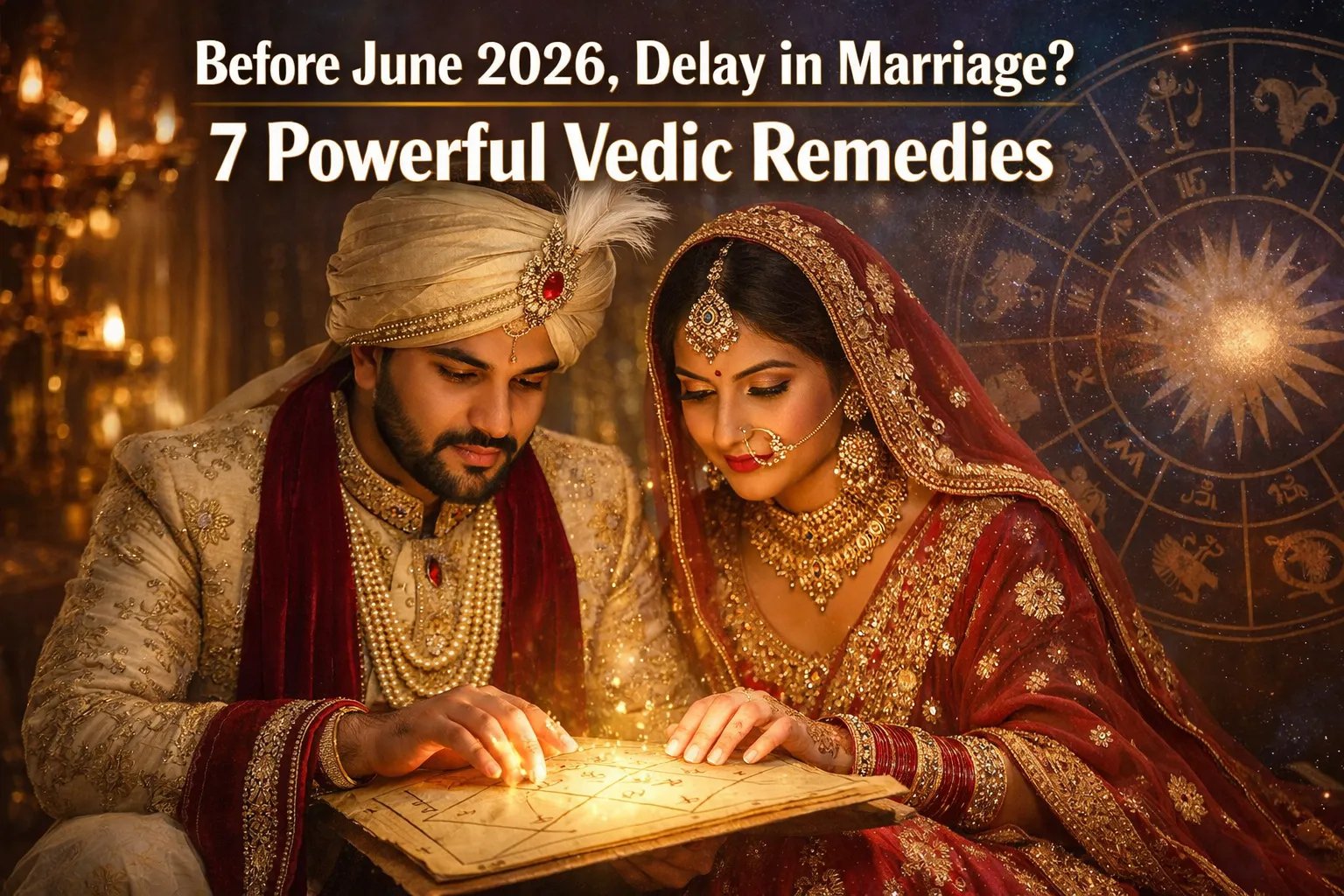 Bride and groom in traditional attire reading a glowing astrological chart, with zodiac symbols in the background.