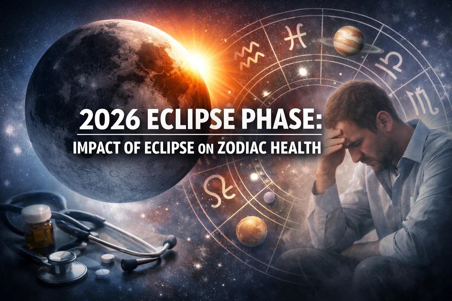 Eclipse with zodiac symbols and a concerned man, text: "2026 Eclipse Phase: Impact of Eclipse on Zodiac Health.