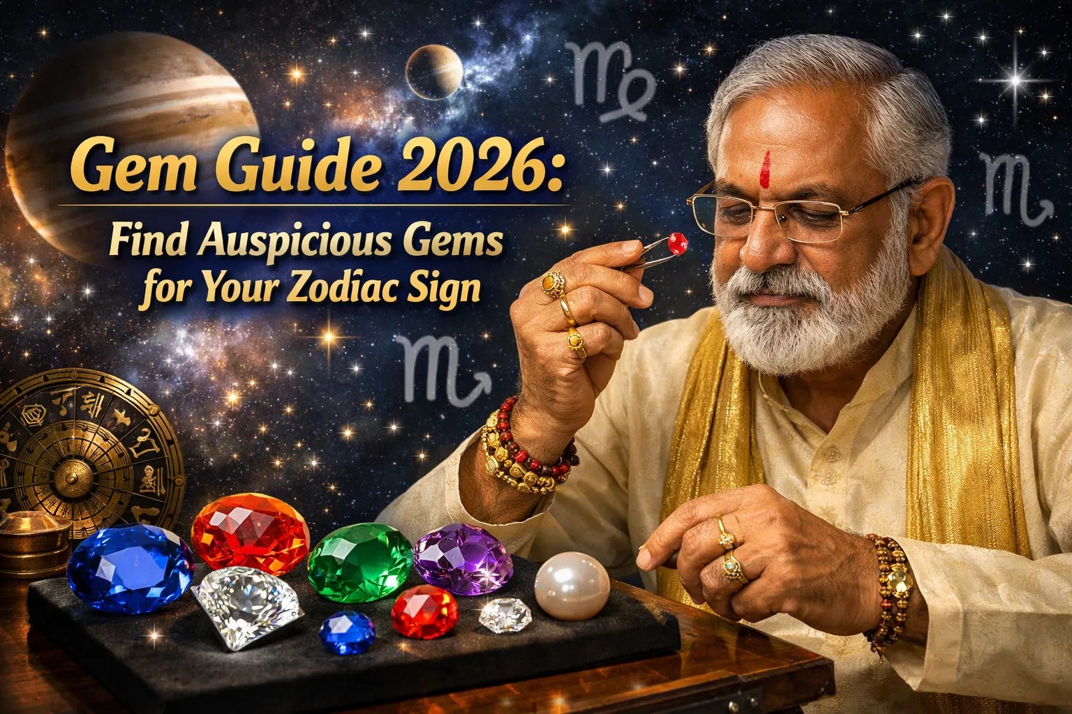 Elderly man examining red gem; 'Gem Guide 2026: Find Auspicious Gems for Your Zodiac Sign' text, cosmic background.