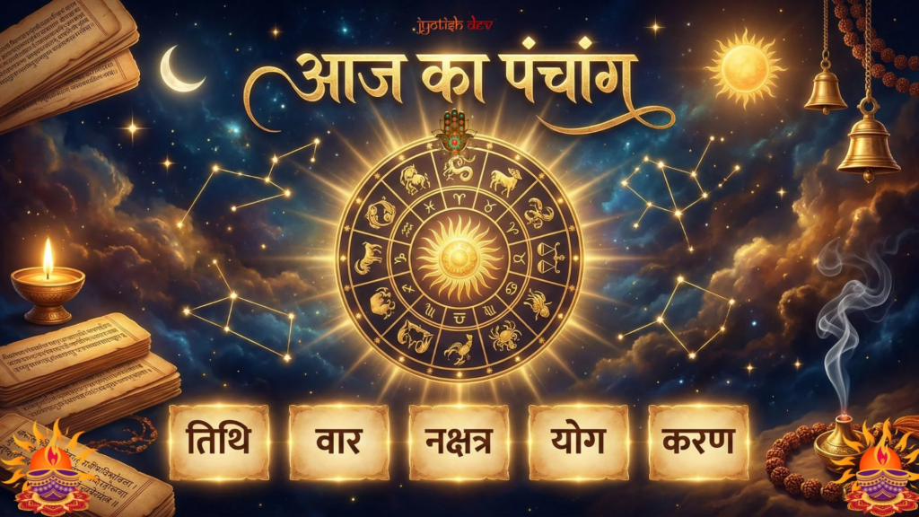 A decorative image with zodiac signs in a circle, Sanskrit text, constellations, books, candle, incense, and Indian religious symbols, indicating today’s Panchang and featuring elements of Aaj Ka Rashifal for your Daily Horoscope in Hindi.