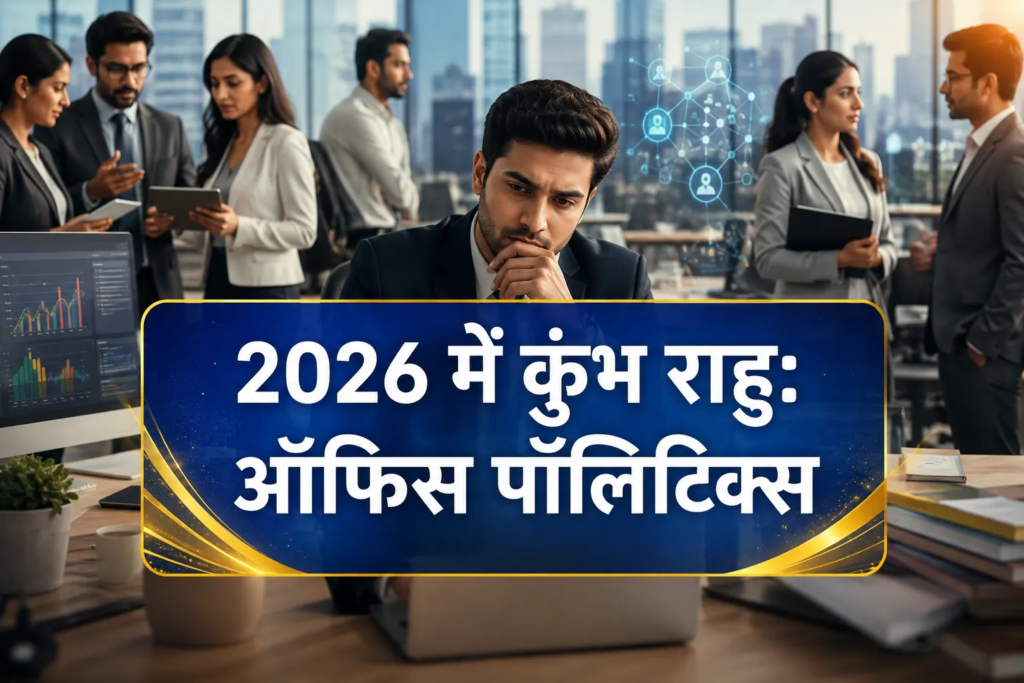A man sits at a desk in a busy office, with Hindi text on screen: “2026 में कुंभ राहु: ऑफिस पॉलिटिक्स और नौकरी में बदलाव” (2026 Kumbh Rahu: Office Politics and Change in Job). The scene reflects the impact of कुंभ राशि में राहु, highlighting evolving dynamics of office politics and shifts in career paths.