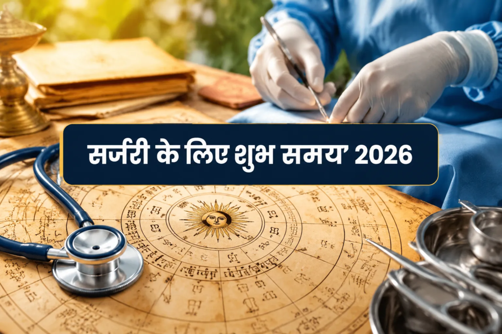 A stethoscope and surgical tools rest on an astrological chart, while a person in surgical gloves writes; Hindi text reads “Auspicious time for surgery 2026.” This evocative image highlights the concept of Medical Astrology 2026, drawing from वैदिक ज्योतिष to determine सर्जरी शुभ समय.