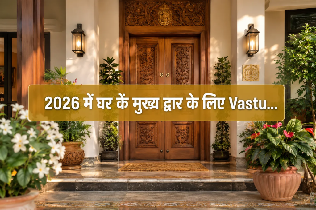 Wooden double doors with ornate carvings as the main entrance, surrounded by potted plants; Hindi text overlay about Vastu Tips and how the मुख्य द्वार can धन आकर्षित in 2026.