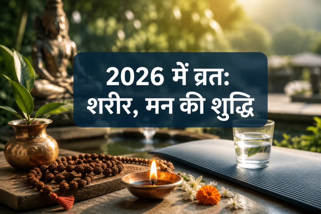 A table with a diya, flowers, glass of water, and prayer beads. Text in Hindi reads: “2026 में व्रत: शरीर, मन की शुद्धि.” A statue and greenery are in the background, reflecting the उपवास tradition and highlighting व्रत का विज्ञान for शरीर और मन शुद्ध.