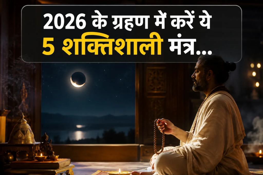 A man meditates indoors with prayer beads during a lunar eclipse; Hindi text suggests chanting 5 powerful ग्रहण मंत्र during the 2026 eclipse for आध्यात्मिक सुरक्षा and to attract सकारात्मक ऊर्जा.