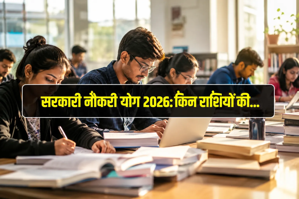 Young adults studying at desks in a library with books and laptops; Hindi text in the center highlights योग 2026 के दौरान सरकारी नौकरी पाने वाली सफल राशियाँ and upcoming government job opportunities for certain zodiac signs.