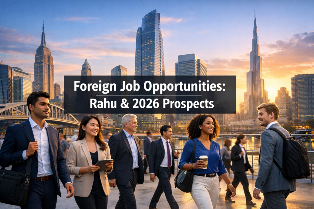 Business people walk in a modern city with skyscrapers at sunset. Text overlay reads, “Foreign Job Opportunities: Rahu & 2026 Prospects.” The scene captures the aspirational spirit of those seeking विदेश में नौकरी के योग, aligning perfectly with the राशिफल 2026 forecast for international career prospects.
