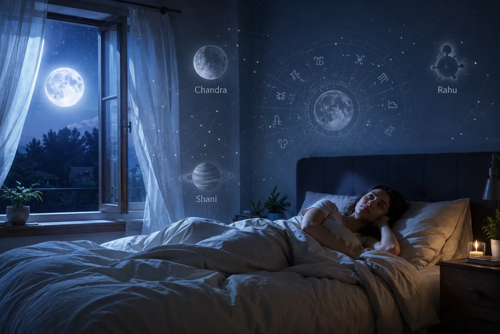 A woman lies in bed at night under a moonlit window, with astrological symbols, planets, and constellation charts digitally overlaid on the wall—reflecting her thoughts about चंद्रमा और कुंडली as she searches for नींद क्यों नहीं आती and explores ज्योतिषीय समाधान 2026.