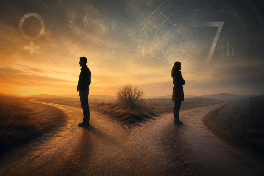 A man and a woman stand on separate paths at a fork in the road at sunset, facing away from each other. A Venus symbol and the number 7 are visible in the sky, hinting at ज्योतिषीय संकेत that influence their प्रेम संबंध.