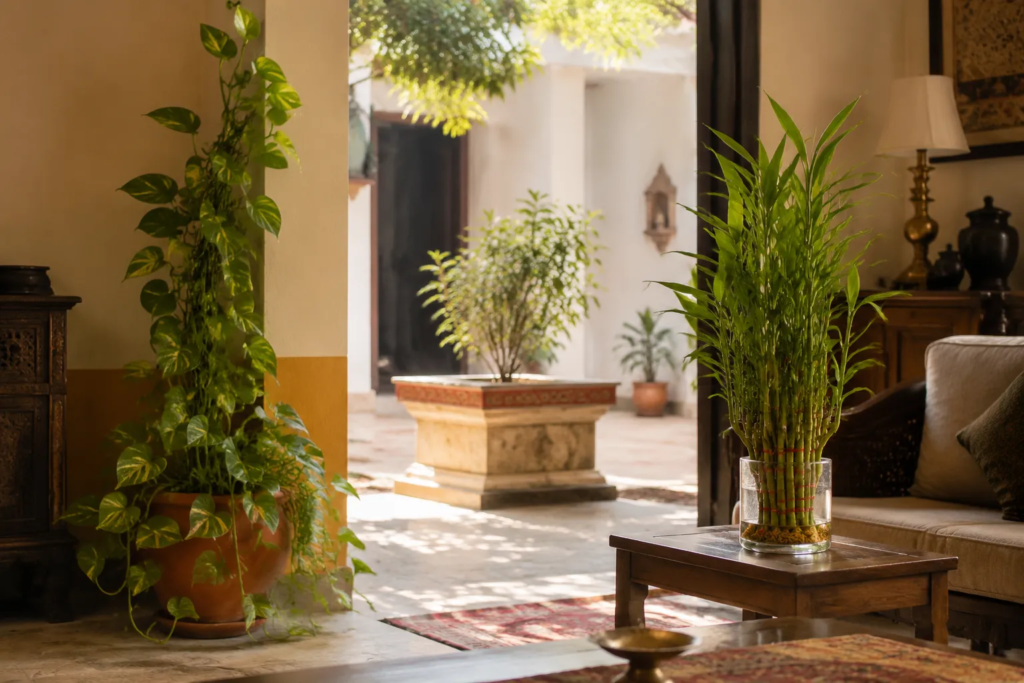 A sunlit living room with potted green plants such as Tulsi and Money Plant, a wooden table, a sofa, and an open doorway leading to a courtyard with more plants.